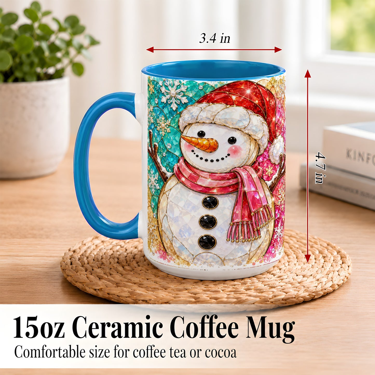 #pl[15oz|Blue] Jeweled Snowman Coffee Mug, Stained Glass Style Winter Mug, Ceramic Cup