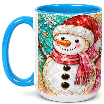 #pl[15oz|Blue] Jeweled Snowman Coffee Mug, Stained Glass Style Winter Mug, Ceramic Cup