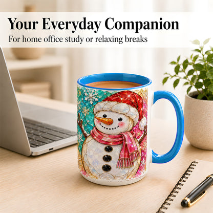 #pl[15oz|Blue] Jeweled Snowman Coffee Mug, Stained Glass Style Winter Mug, Ceramic Cup