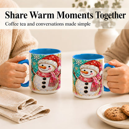 #pl[15oz|Blue] Jeweled Snowman Coffee Mug, Stained Glass Style Winter Mug, Ceramic Cup