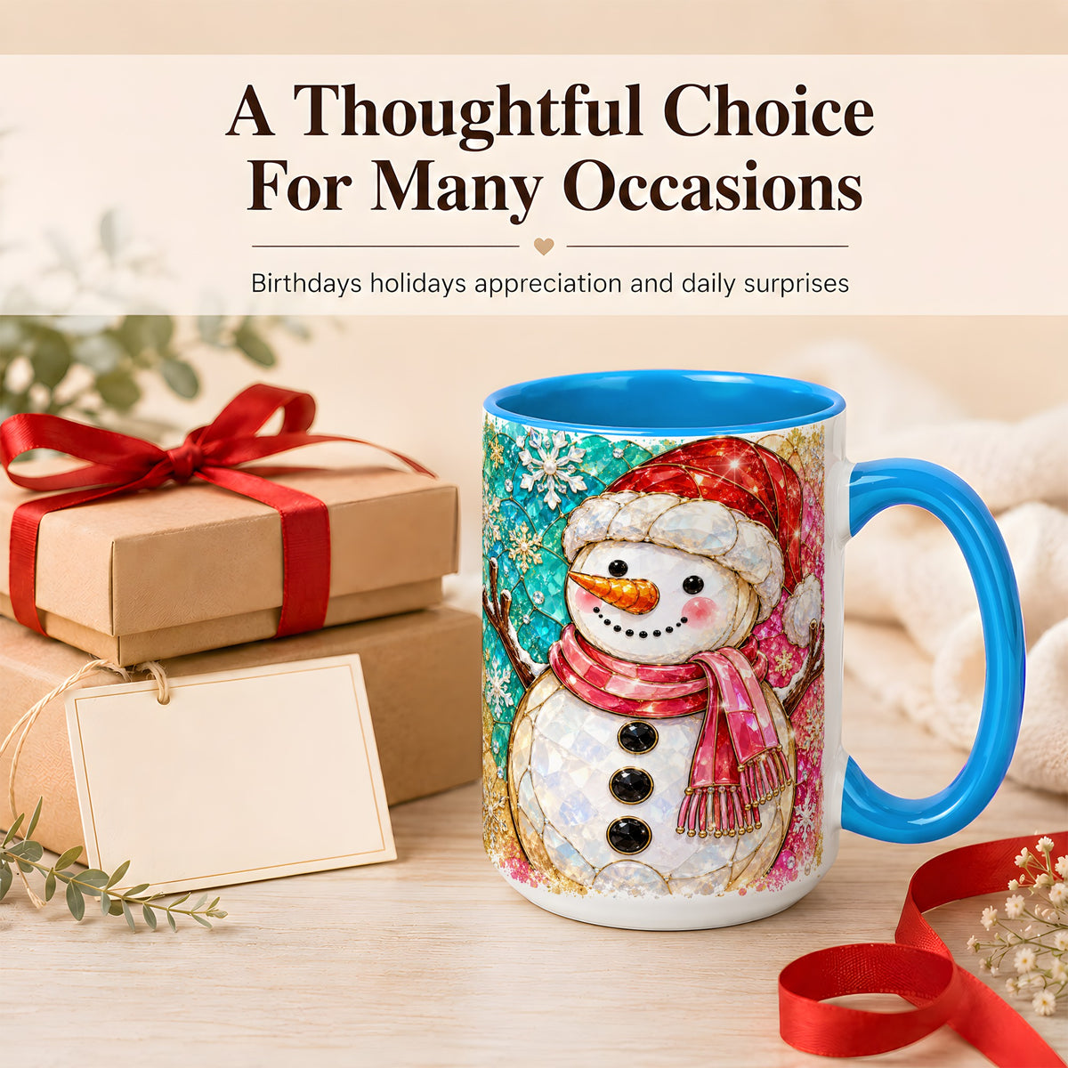#pl[15oz|Blue] Jeweled Snowman Coffee Mug, Stained Glass Style Winter Mug, Ceramic Cup