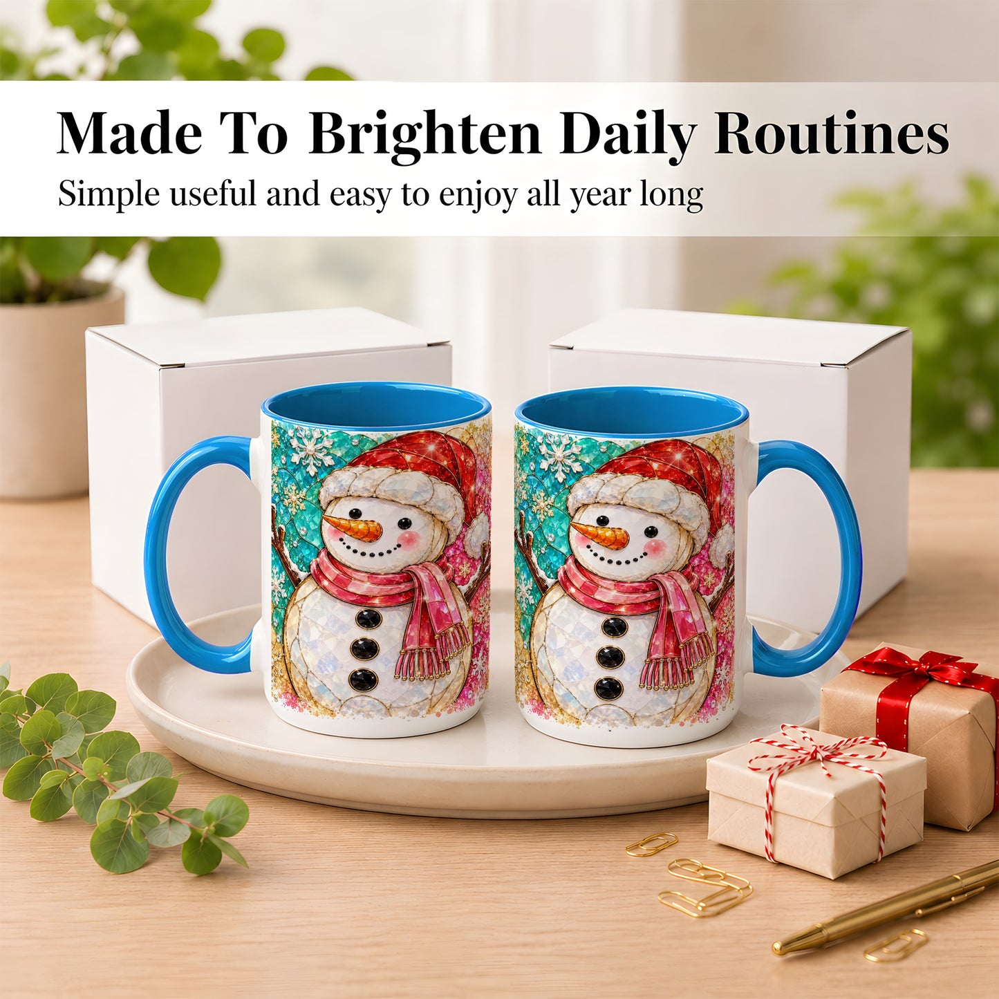 #pl[15oz|Blue] Jeweled Snowman Coffee Mug, Stained Glass Style Winter Mug, Ceramic Cup