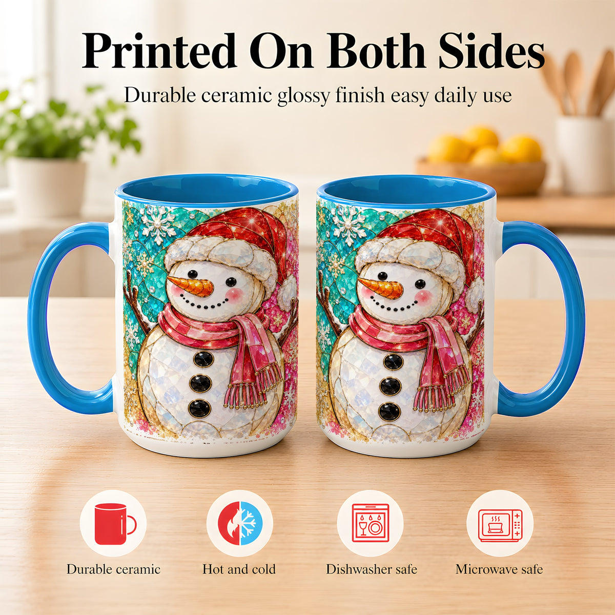 #pl[15oz|Blue] Jeweled Snowman Coffee Mug, Stained Glass Style Winter Mug, Ceramic Cup