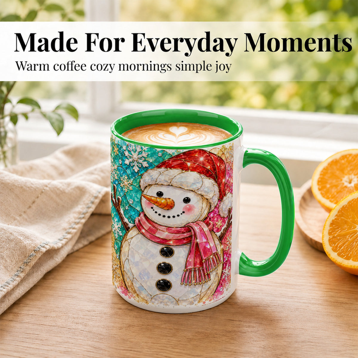 #pl[15oz|Green] Jeweled Snowman Coffee Mug, Stained Glass Style Winter Mug, Ceramic Cup