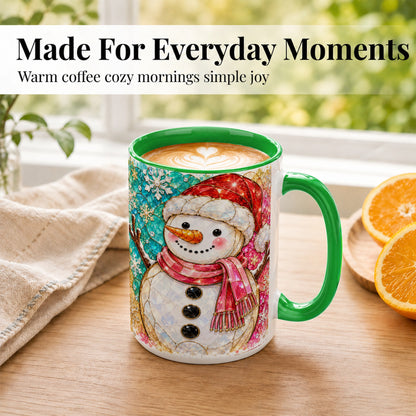 #pl[15oz|Green] Jeweled Snowman Coffee Mug, Stained Glass Style Winter Mug, Ceramic Cup