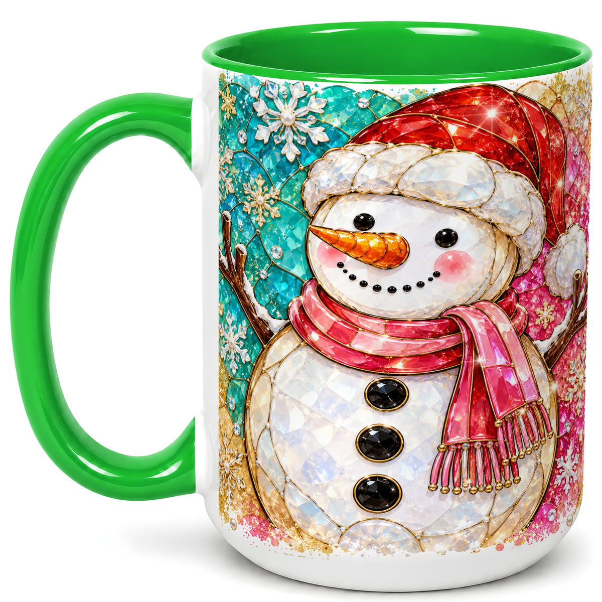 #pl[15oz|Green] Jeweled Snowman Coffee Mug, Stained Glass Style Winter Mug, Ceramic Cup