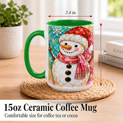 #pl[15oz|Green] Jeweled Snowman Coffee Mug, Stained Glass Style Winter Mug, Ceramic Cup