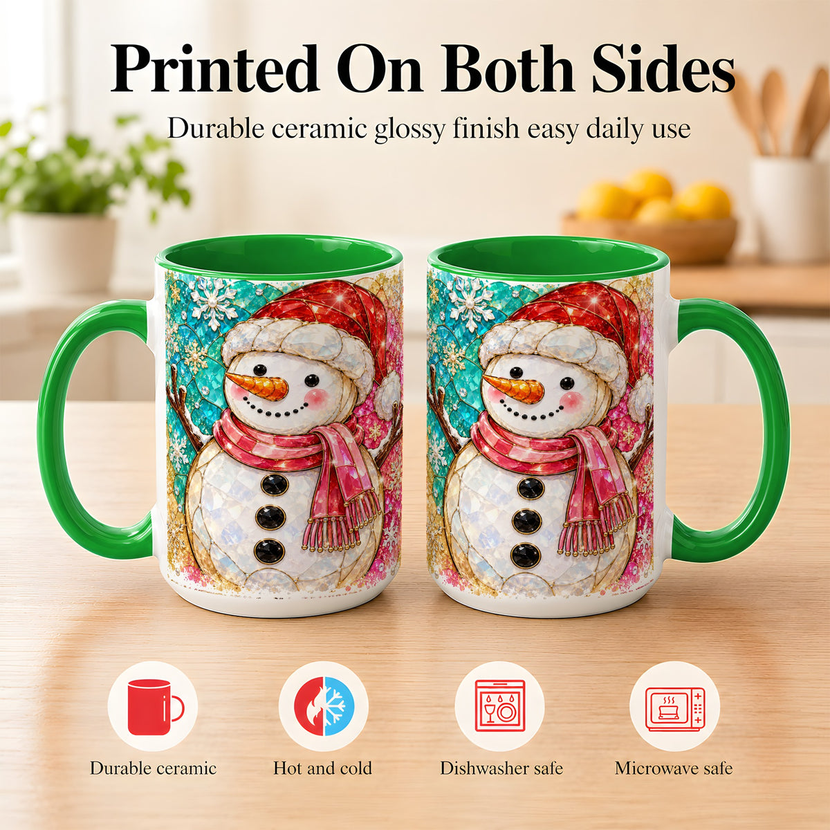 #pl[15oz|Green] Jeweled Snowman Coffee Mug, Stained Glass Style Winter Mug, Ceramic Cup