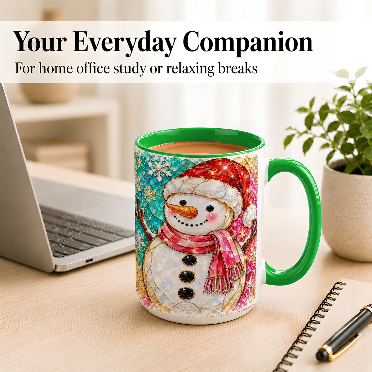 #pl[15oz|Green] Jeweled Snowman Coffee Mug, Stained Glass Style Winter Mug, Ceramic Cup