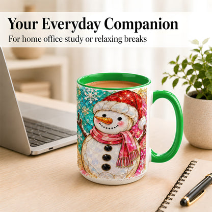 #pl[15oz|Green] Jeweled Snowman Coffee Mug, Stained Glass Style Winter Mug, Ceramic Cup