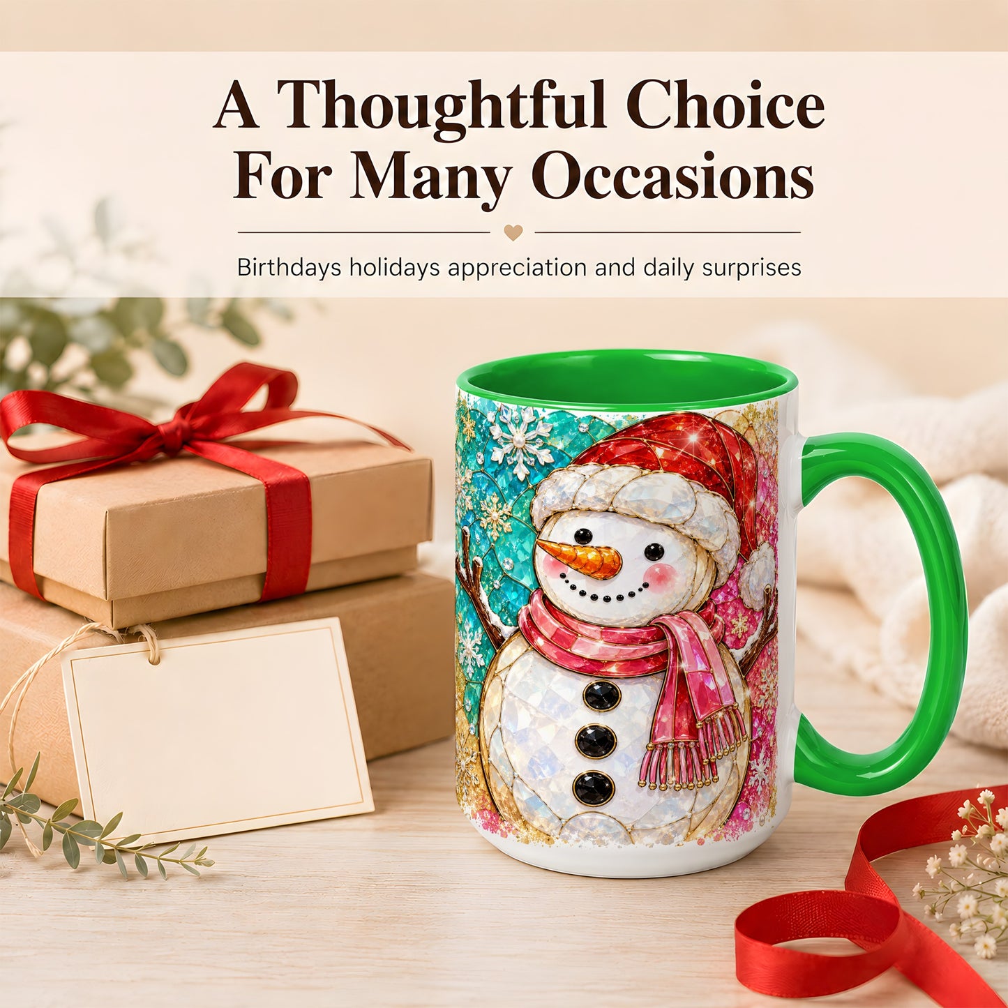 #pl[15oz|Green] Jeweled Snowman Coffee Mug, Stained Glass Style Winter Mug, Ceramic Cup