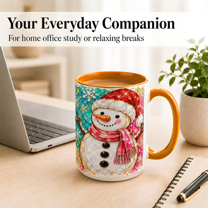 #pl[15oz|Orange] Jeweled Snowman Coffee Mug, Stained Glass Style Winter Mug, Ceramic Cup