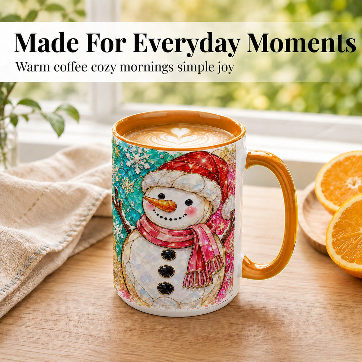 #pl[15oz|Orange] Jeweled Snowman Coffee Mug, Stained Glass Style Winter Mug, Ceramic Cup
