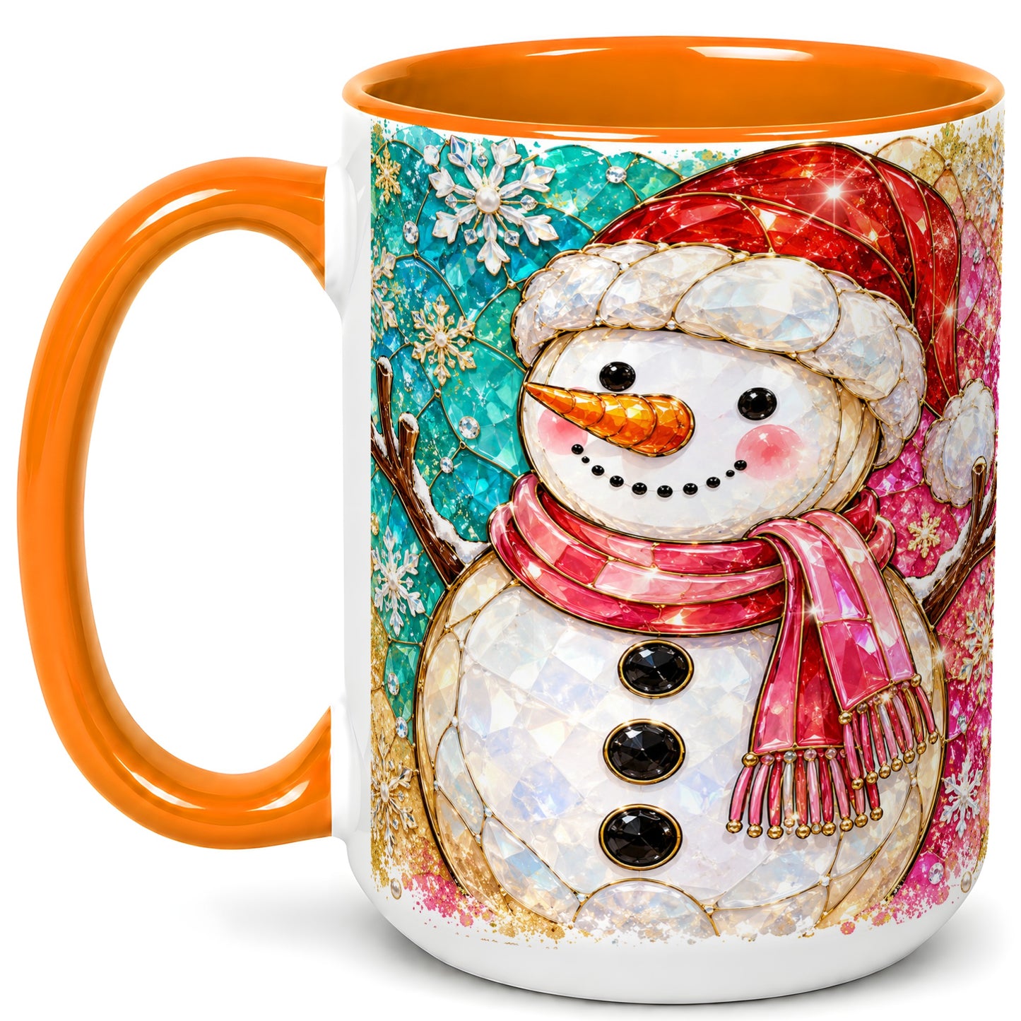 #pl[15oz|Orange] Jeweled Snowman Coffee Mug, Stained Glass Style Winter Mug, Ceramic Cup