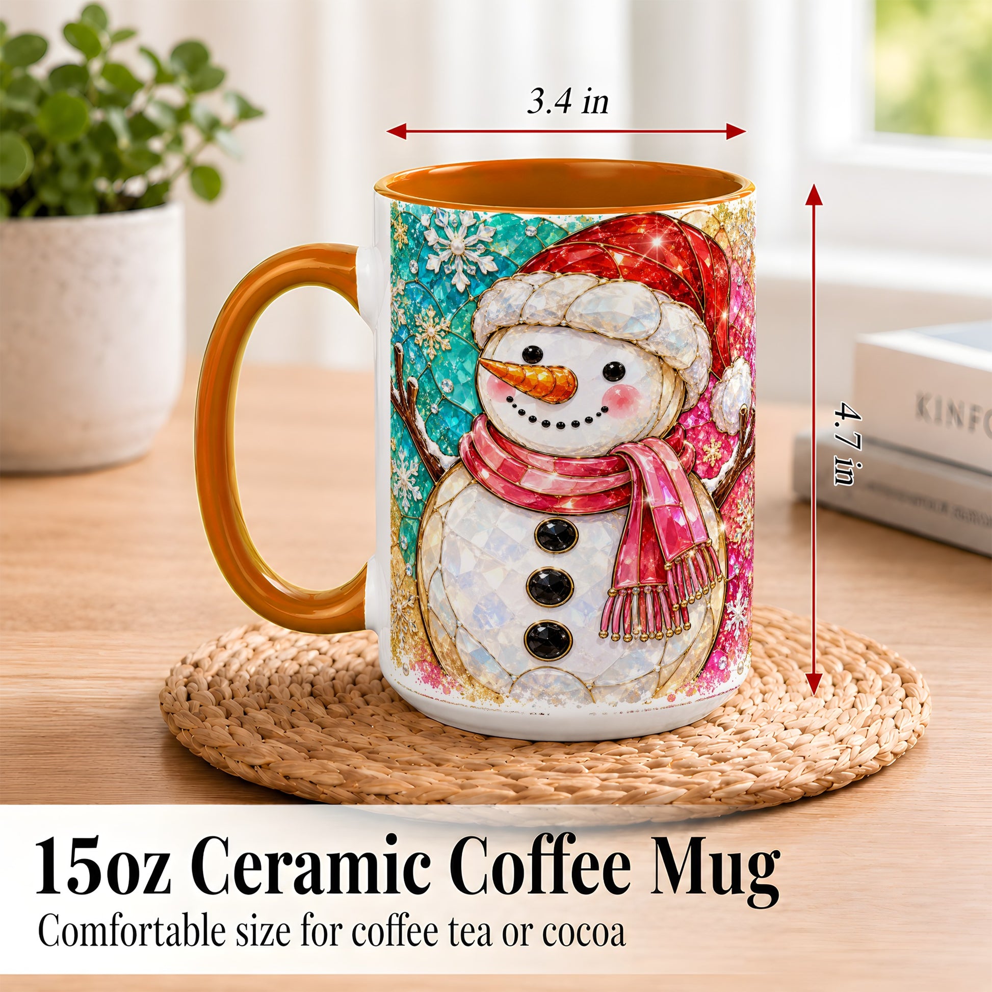 #pl[15oz|Orange] Jeweled Snowman Coffee Mug, Stained Glass Style Winter Mug, Ceramic Cup