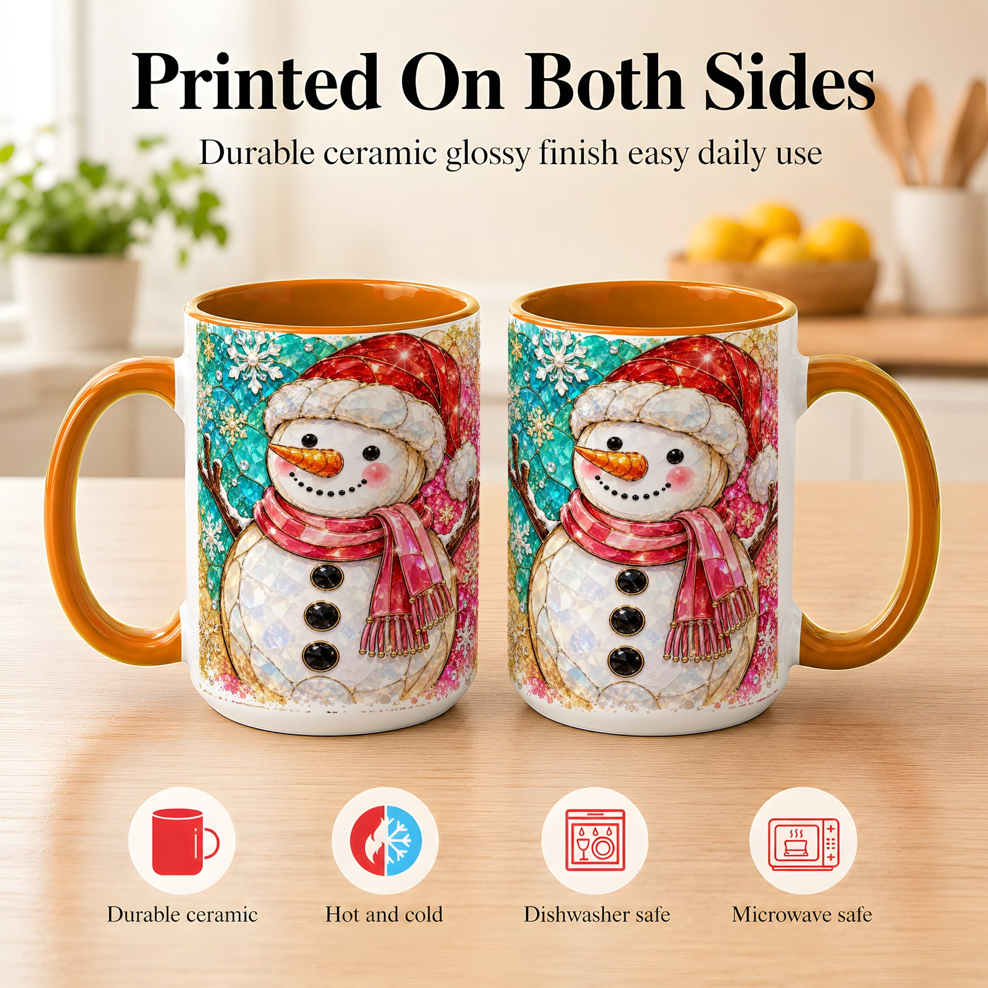 #pl[15oz|Orange] Jeweled Snowman Coffee Mug, Stained Glass Style Winter Mug, Ceramic Cup