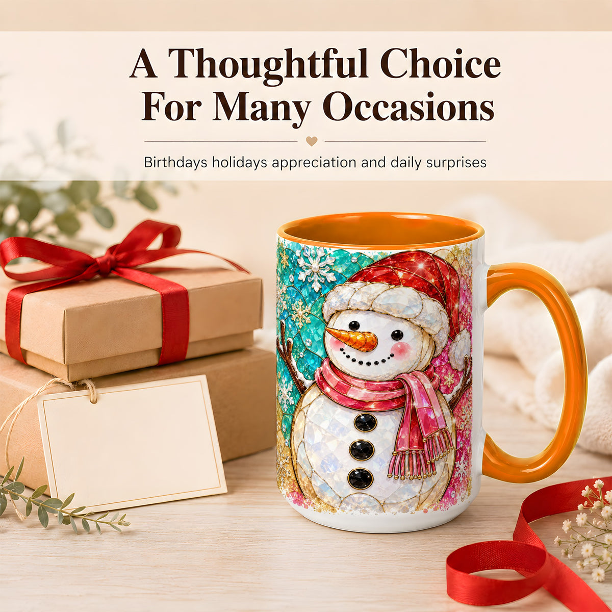 #pl[15oz|Orange] Jeweled Snowman Coffee Mug, Stained Glass Style Winter Mug, Ceramic Cup