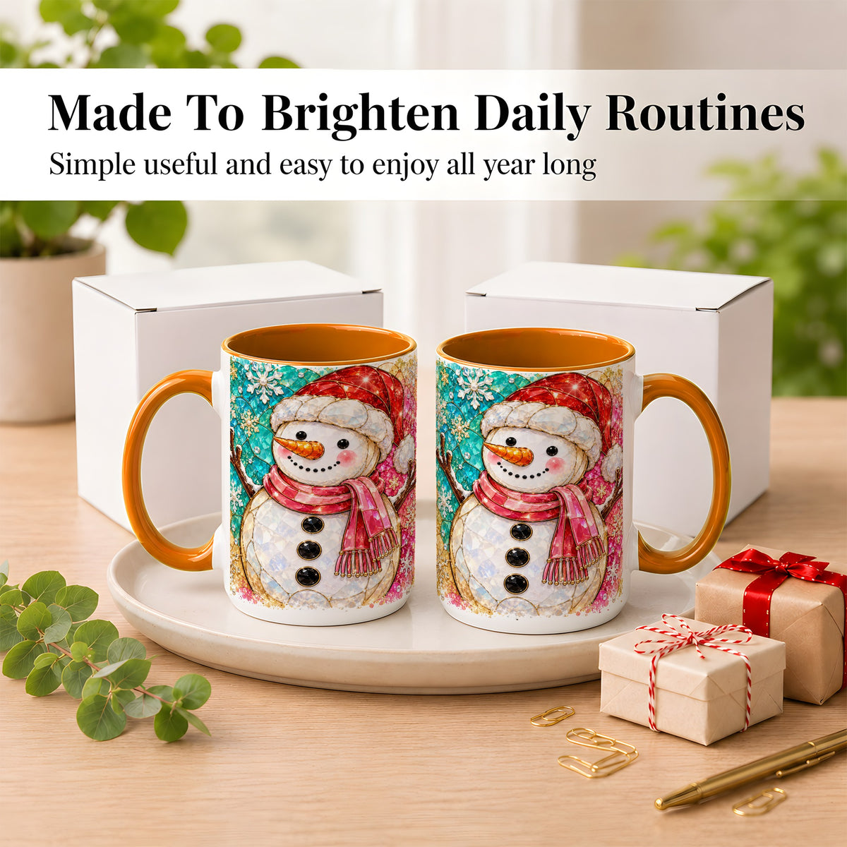 #pl[15oz|Orange] Jeweled Snowman Coffee Mug, Stained Glass Style Winter Mug, Ceramic Cup
