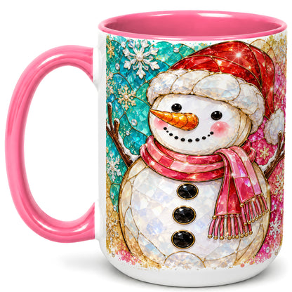 #pl[15oz|Pink] Jeweled Snowman Coffee Mug, Stained Glass Style Winter Mug, Ceramic Cup