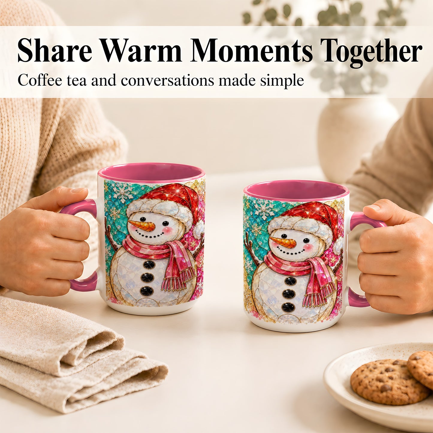 #pl[15oz|Pink] Jeweled Snowman Coffee Mug, Stained Glass Style Winter Mug, Ceramic Cup