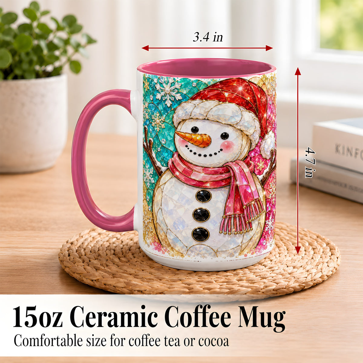 #pl[15oz|Pink] Jeweled Snowman Coffee Mug, Stained Glass Style Winter Mug, Ceramic Cup