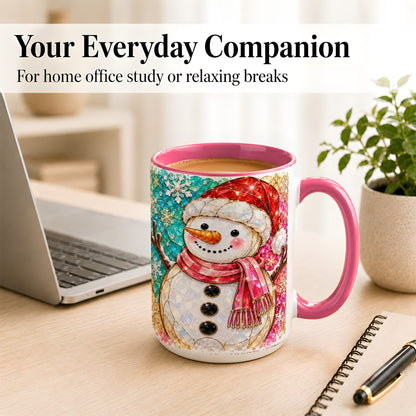 #pl[15oz|Pink] Jeweled Snowman Coffee Mug, Stained Glass Style Winter Mug, Ceramic Cup