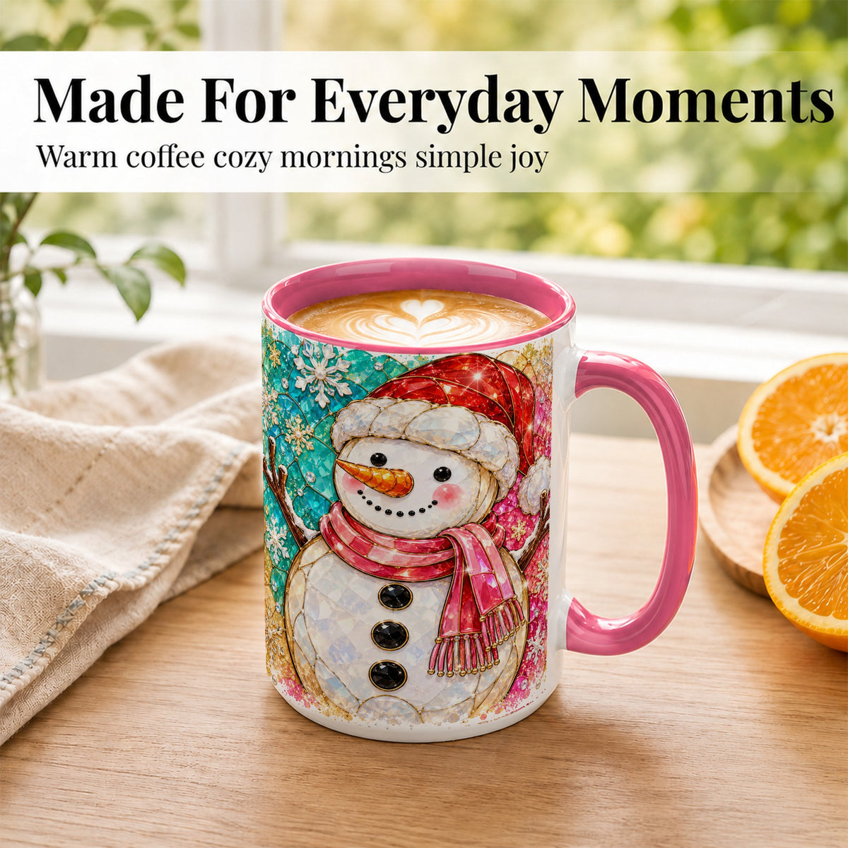 #pl[15oz|Pink] Jeweled Snowman Coffee Mug, Stained Glass Style Winter Mug, Ceramic Cup