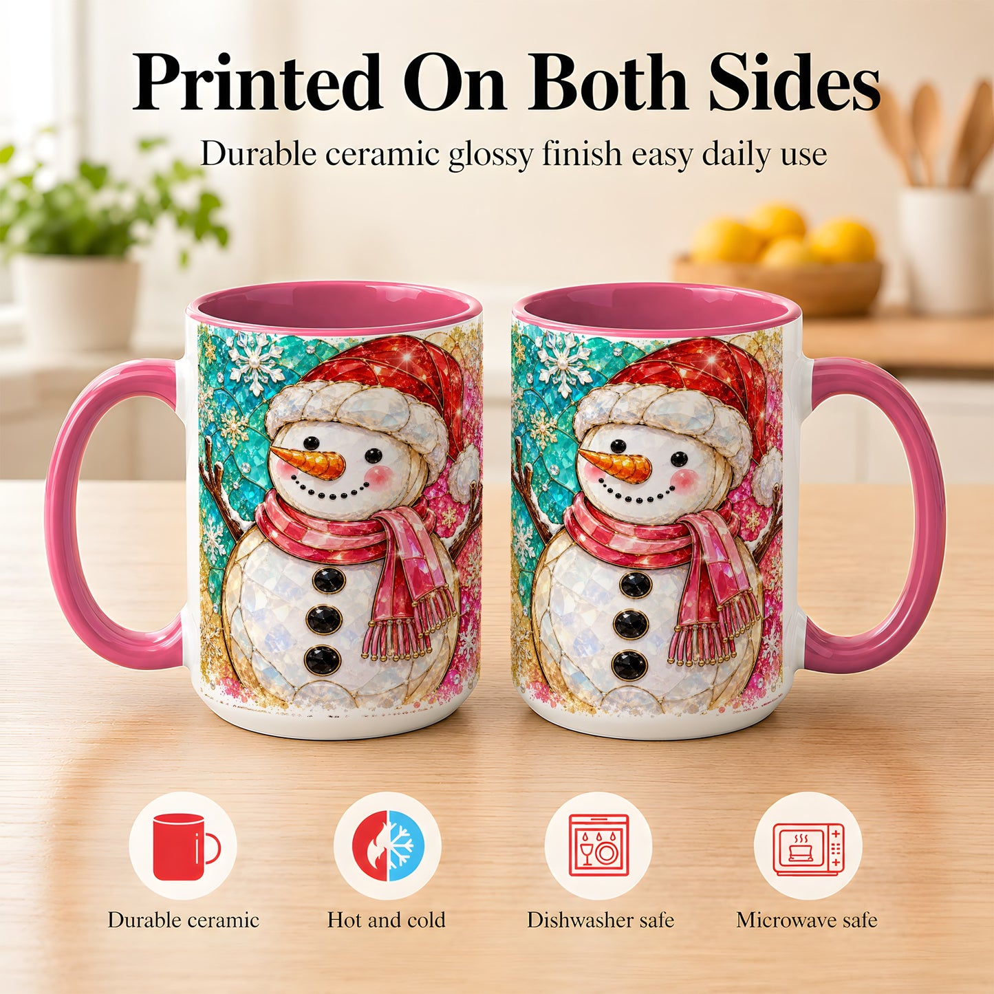 #pl[15oz|Pink] Jeweled Snowman Coffee Mug, Stained Glass Style Winter Mug, Ceramic Cup