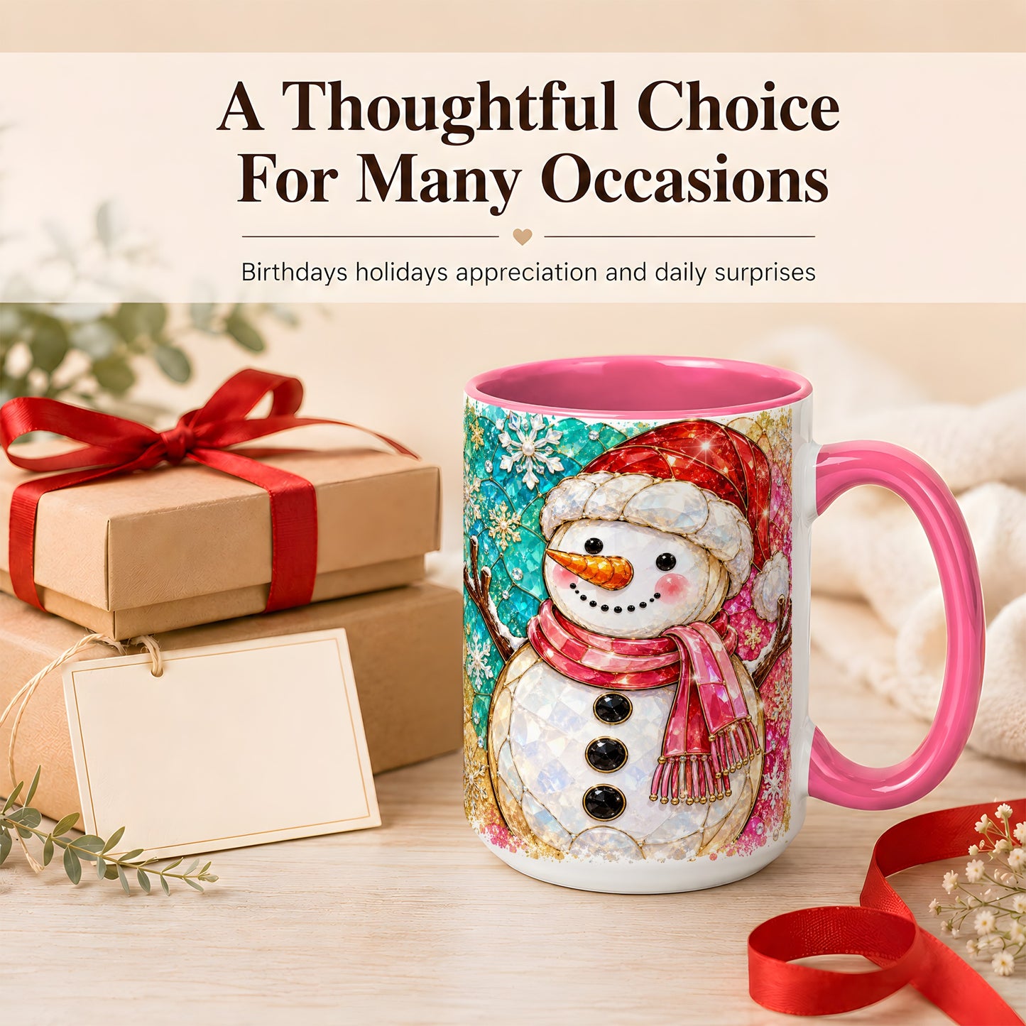 #pl[15oz|Pink] Jeweled Snowman Coffee Mug, Stained Glass Style Winter Mug, Ceramic Cup