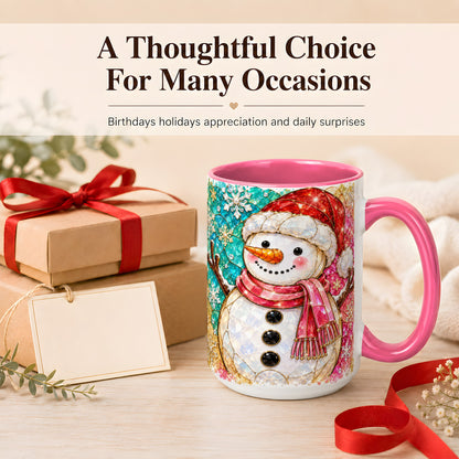 #pl[15oz|Pink] Jeweled Snowman Coffee Mug, Stained Glass Style Winter Mug, Ceramic Cup