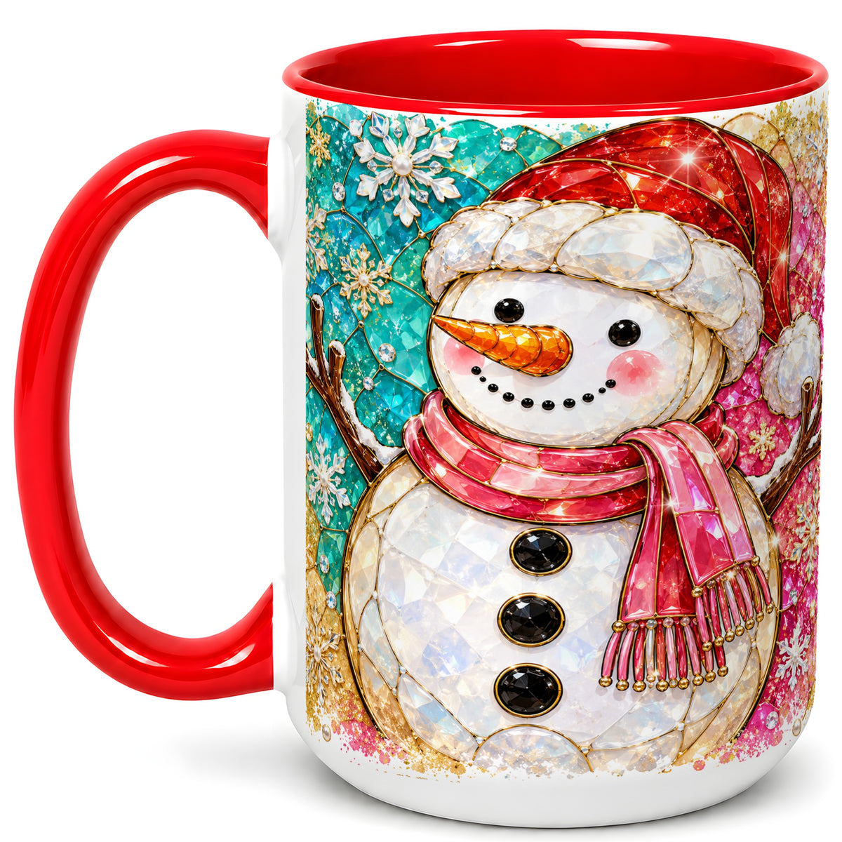 #pl[15oz|Red] Jeweled Snowman Coffee Mug, Stained Glass Style Winter Mug, Ceramic Cup
