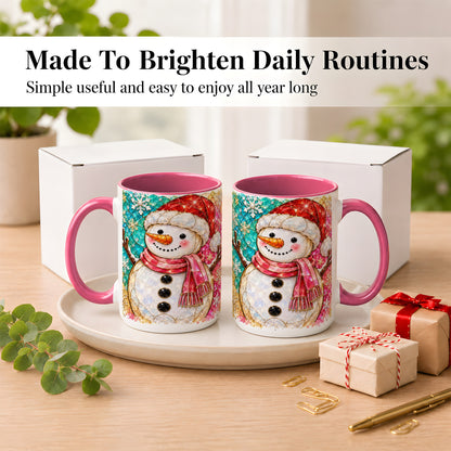 #pl[15oz|Pink] Jeweled Snowman Coffee Mug, Stained Glass Style Winter Mug, Ceramic Cup
