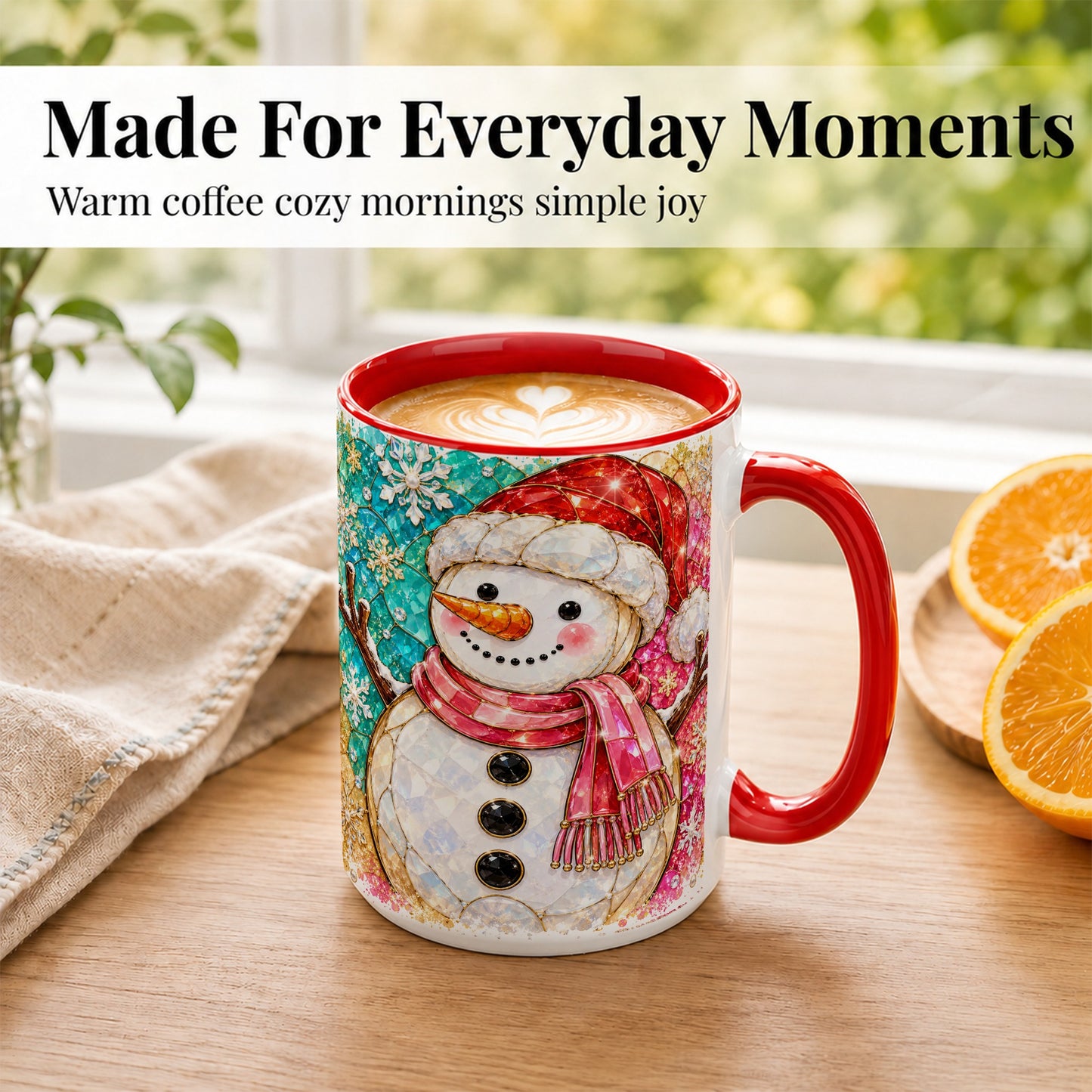#pl[15oz|Red] Jeweled Snowman Coffee Mug, Stained Glass Style Winter Mug, Ceramic Cup