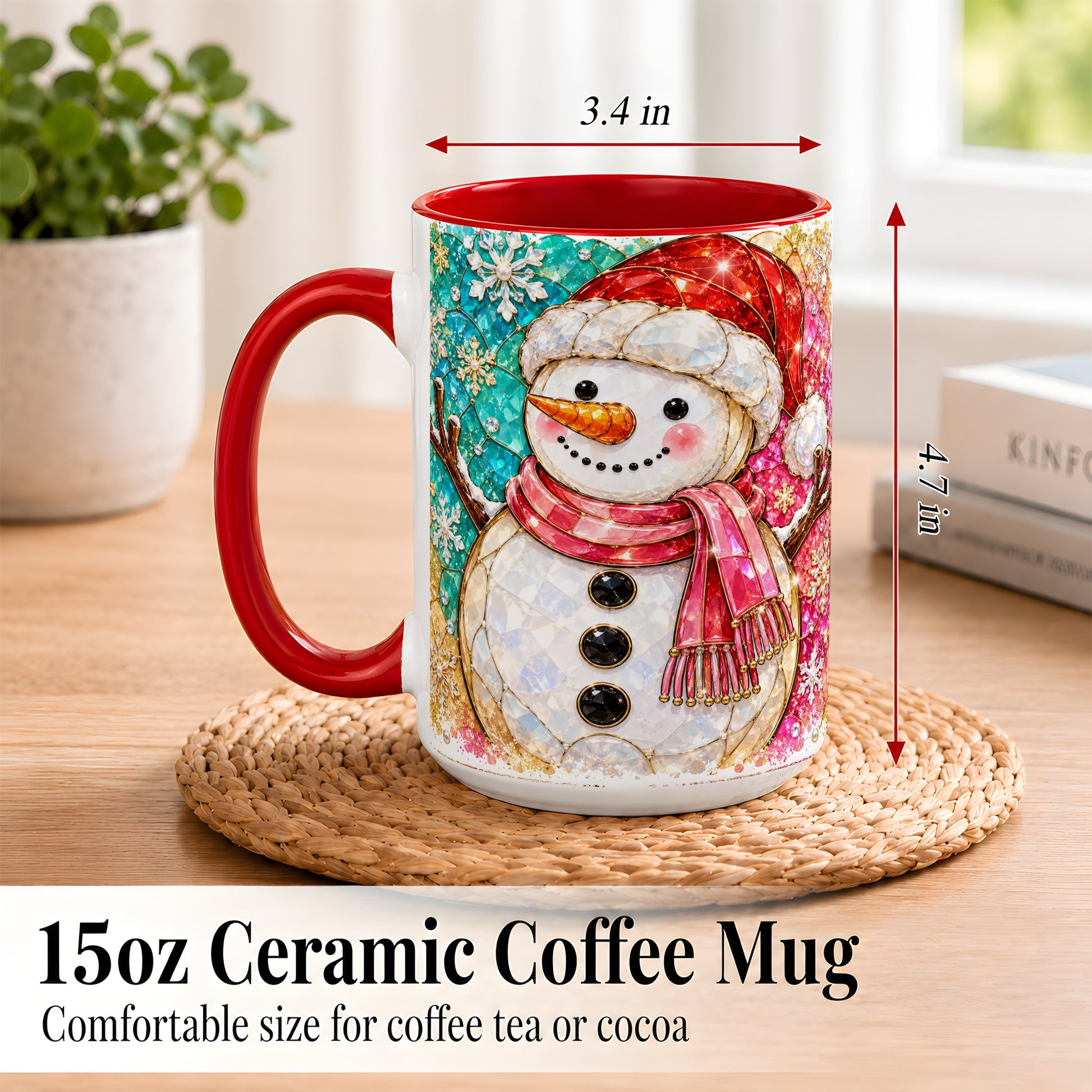 #pl[15oz|Red] Jeweled Snowman Coffee Mug, Stained Glass Style Winter Mug, Ceramic Cup