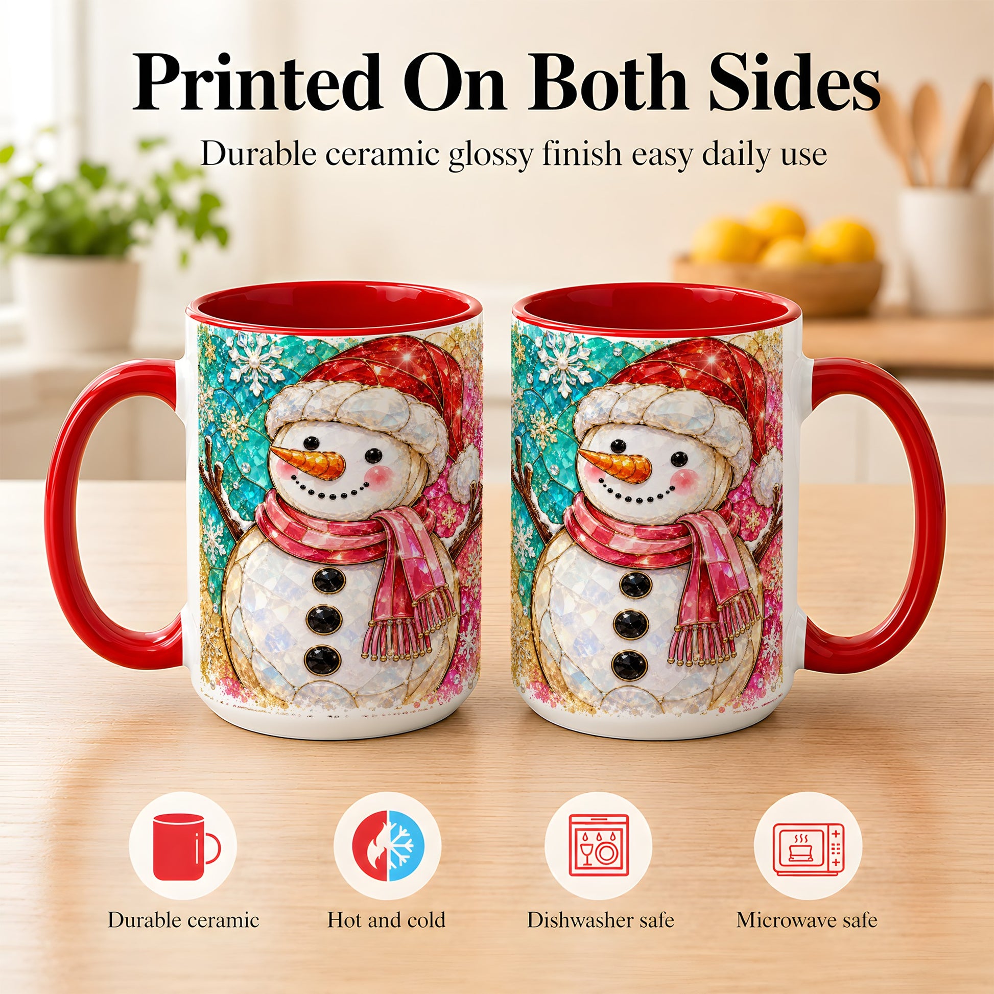 #pl[15oz|Red] Jeweled Snowman Coffee Mug, Stained Glass Style Winter Mug, Ceramic Cup