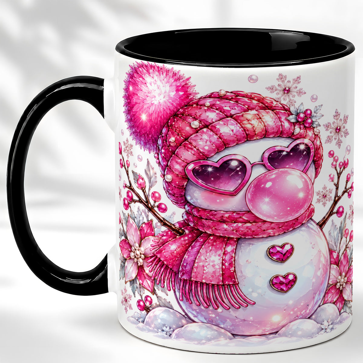 #pl[11oz|Black] Pink Snowman Coffee Mug, Heart Sunglasses Winter Mug, Ceramic Cup