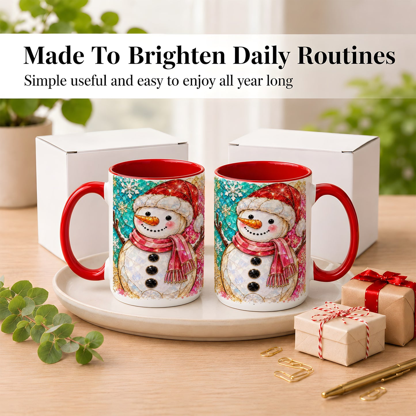 #pl[15oz|Red] Jeweled Snowman Coffee Mug, Stained Glass Style Winter Mug, Ceramic Cup