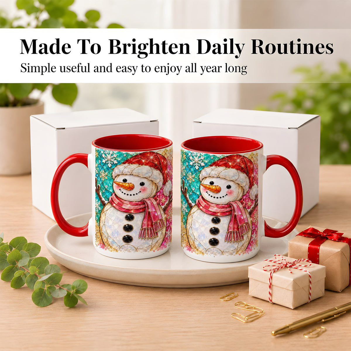 #pl[15oz|Red] Jeweled Snowman Coffee Mug, Stained Glass Style Winter Mug, Ceramic Cup