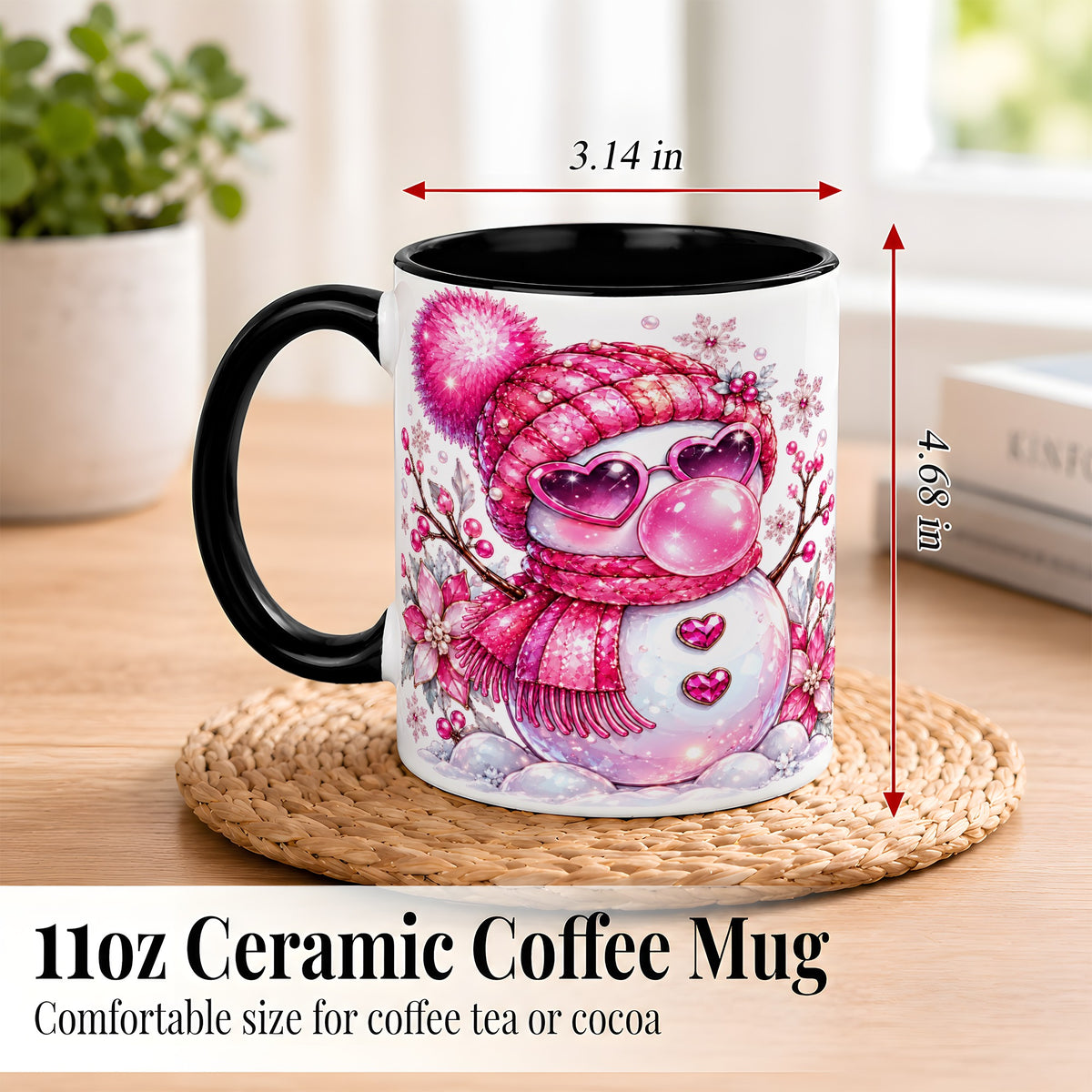 #pl[11oz|Black] Pink Snowman Coffee Mug, Heart Sunglasses Winter Mug, Ceramic Cup
