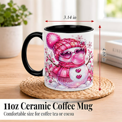 #pl[11oz|Black] Pink Snowman Coffee Mug, Heart Sunglasses Winter Mug, Ceramic Cup