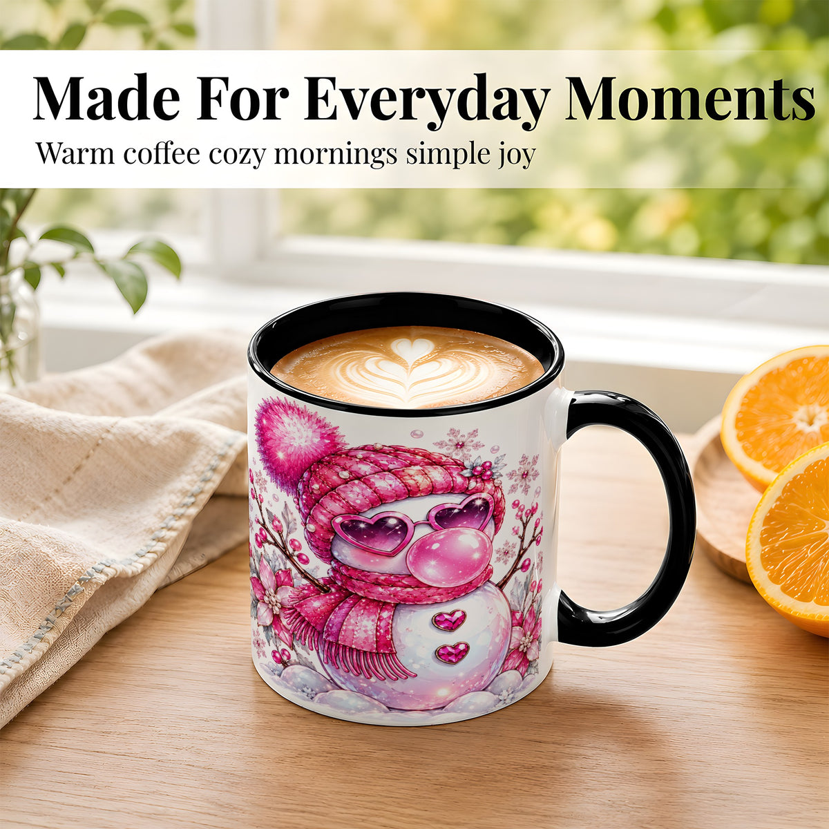 #pl[11oz|Black] Pink Snowman Coffee Mug, Heart Sunglasses Winter Mug, Ceramic Cup
