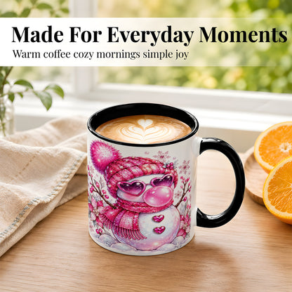 #pl[11oz|Black] Pink Snowman Coffee Mug, Heart Sunglasses Winter Mug, Ceramic Cup