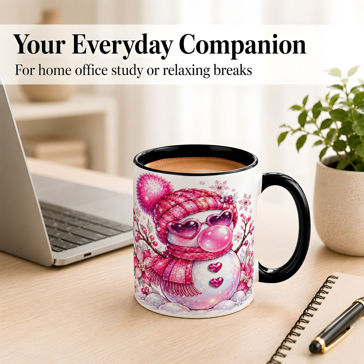 #pl[11oz|Black] Pink Snowman Coffee Mug, Heart Sunglasses Winter Mug, Ceramic Cup