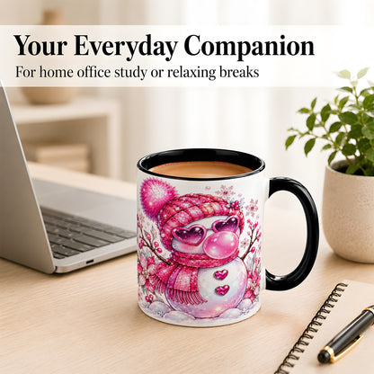#pl[11oz|Black] Pink Snowman Coffee Mug, Heart Sunglasses Winter Mug, Ceramic Cup