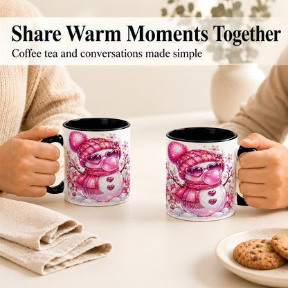 #pl[11oz|Black] Pink Snowman Coffee Mug, Heart Sunglasses Winter Mug, Ceramic Cup