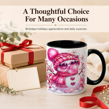 #pl[11oz|Black] Pink Snowman Coffee Mug, Heart Sunglasses Winter Mug, Ceramic Cup