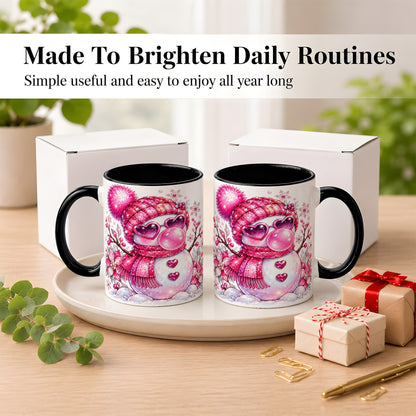 #pl[11oz|Black] Pink Snowman Coffee Mug, Heart Sunglasses Winter Mug, Ceramic Cup