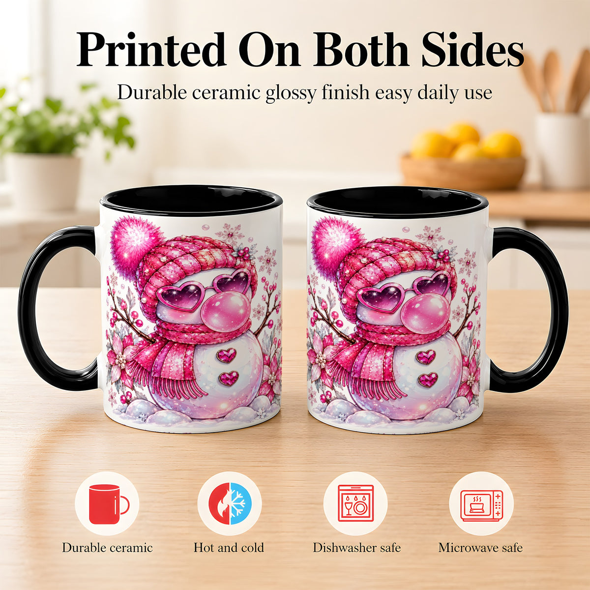 #pl[11oz|Black] Pink Snowman Coffee Mug, Heart Sunglasses Winter Mug, Ceramic Cup