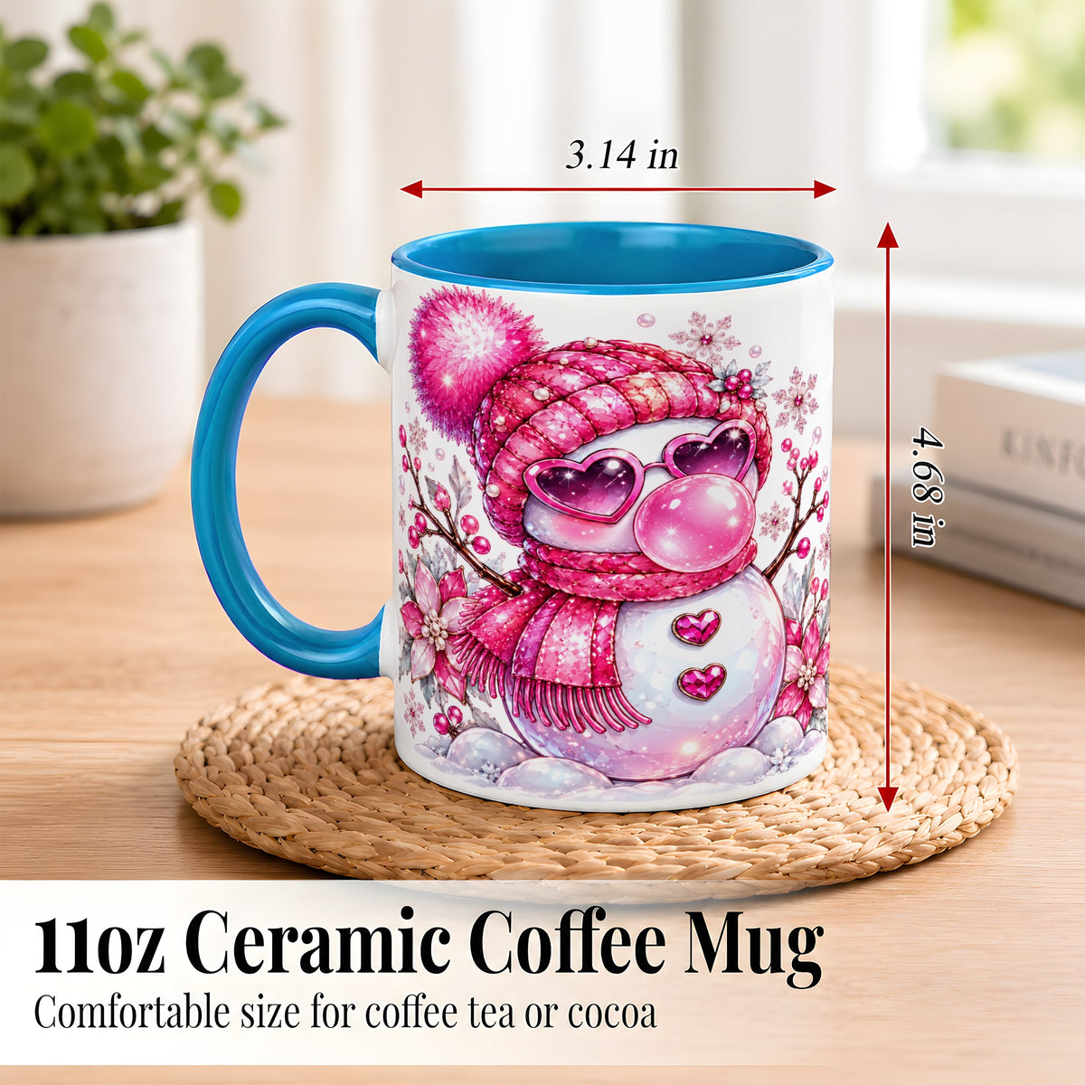 #pl[11oz|Blue] Pink Snowman Coffee Mug, Heart Sunglasses Winter Mug, Ceramic Cup