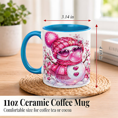 #pl[11oz|Blue] Pink Snowman Coffee Mug, Heart Sunglasses Winter Mug, Ceramic Cup